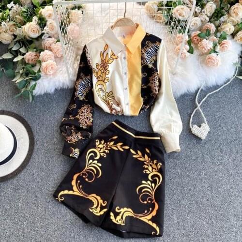 Vintage Printed Two Piece Set Women Suit 2021 Autumn Long Sleeve Blouse Tops And High Waist Woman Shorts Fashion 2 Piece Set