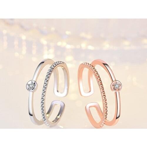 Womens Fashion Simple Style Two-row Finger Rings Shiny Crystal Thin Hoops Rose Gold Charming Ring Band Accessories Best Gifts