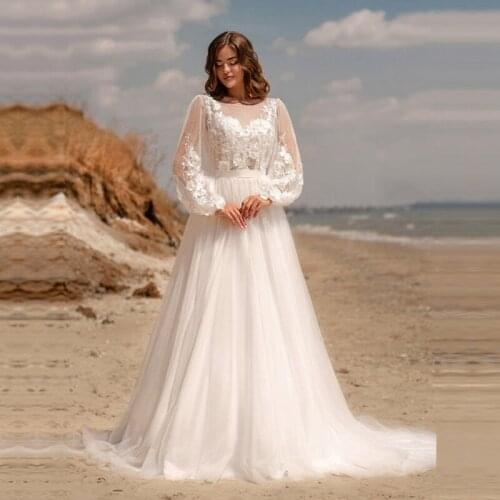 Long Sleeve Tulle A Line Wedding Dresses 2021 O-Neck Applique Lace Bridal Gown Custom Made Wedding Gowns Vestido de Noiva
