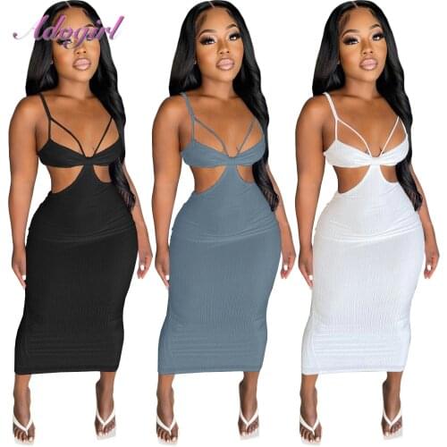 Solid Rib Knitted Dress Women Casual Spaghetti Strapless V Neck Long Dress Summer Sexy Hollow Out Bandage Partry Club Vestidos
