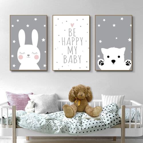 Unframed Baby Nursery Wall Art Canvas Poster Cartoon Rabbit Bear Painting Nordic Kids Decoration Picture Children Bedroom Decor