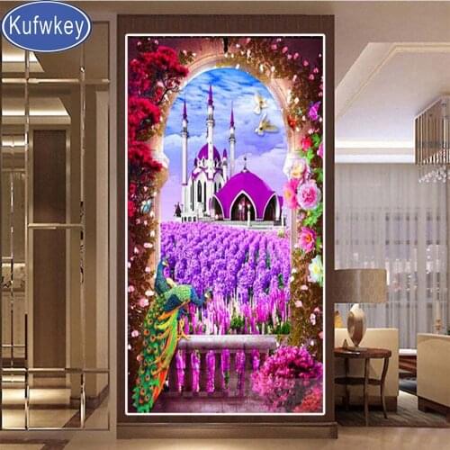 Large Diamond Painting Square/Round drill,Purple lavender,Peacock Diamond Embroidery Cross Stitch Muslim castle Landscape Art