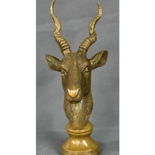14'' Marked Old China Bronze auspicious lucky Animal deer head Statue Sculpture