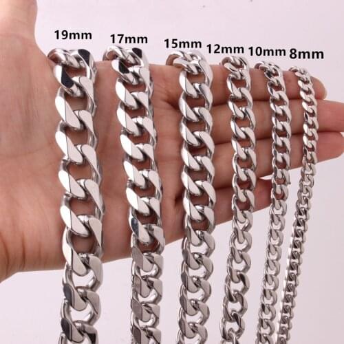 8/10/12/15/17/19mm Punk Polished Solid Stainless Steel Necklace for Men Curb Cuban Link Chain Chokers Vintage Silver Gold Tone