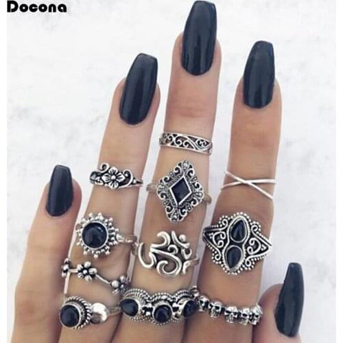 Docona 11pcs/sets Vintage Black Rhinestone Skull Rings for Women Carve Flowers Geometric Ring Set Boho Wedding Jewelry 10057