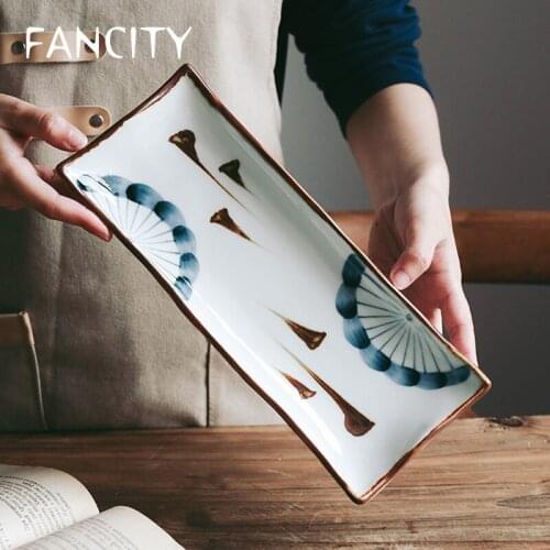 FANCITY Retro hand-painted ceramic sushi plate, rectangular plate, Japanese plate, dessert plate, household fish plate