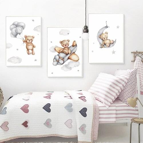 Sleeping Teddy Nursery Poster Balloons Animal Wall Art Print Canvas Painting Flying Bear Pictures kids Baby Room Decor