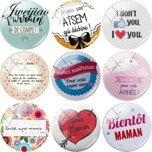 JWEIJIAO 5pcs/lot Merci Maitresse Je T'aime Maman DIY Glass Cabochon Dome Charms For Custom Keychain Necklace Earrings Gift