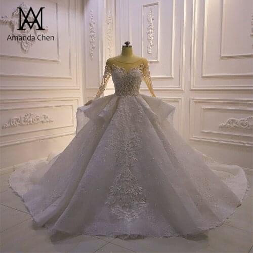 Robe de soiree Long Sleeve Lace Applique Ball Gown Pleats Wedding Dress