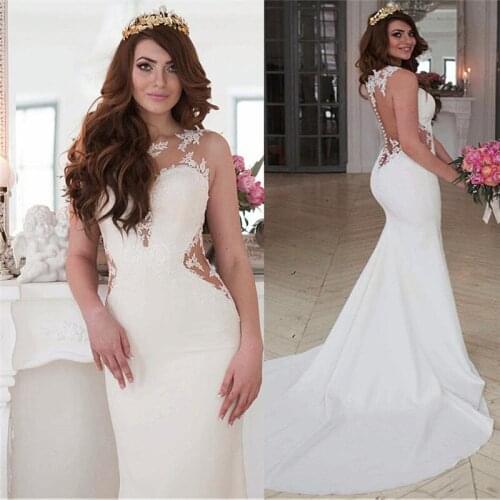 Scoop Neck Lace Appliques Natural Slim Mermaid Wedding Dresses Custom Sleeveless Bridal Gowns See Through Back Robe De Mariee