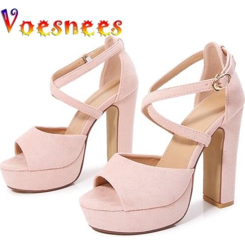 Summer Vintage Corduroy Women Shoes Chunky Heel Peep Toe Cover Heel Cross Buckle Solid Color Sandals Sexy Party Dress High Heels