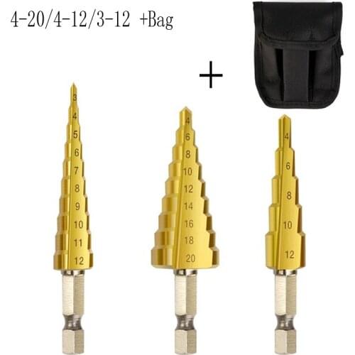 3 Pcs Spiral step drill 4-12/20/32mmTitanium HSS hss Drills Set Nitrogen High Speed Steel Spiral For Metal Cone Triangle Step