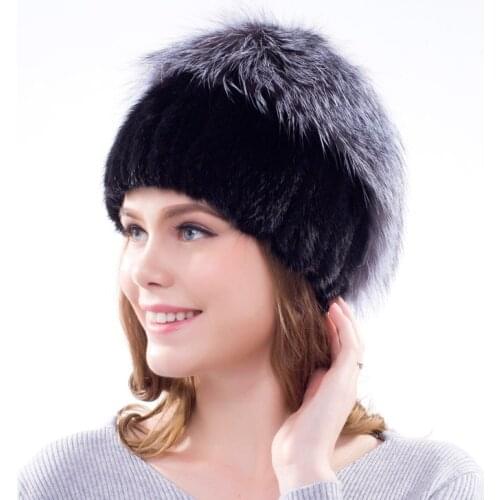 Real Natural knitting mink fur cap fox fur tassel decoration design womens winter fashion popular hat fur hat