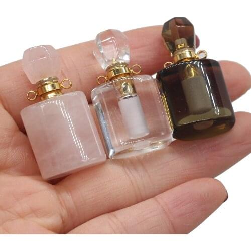 Natural Stone Perfume Bottle Pendant Oblate Column Crystal Essential Oil Diffuser Vial Pendants for DIY Necklace Jewelry Making