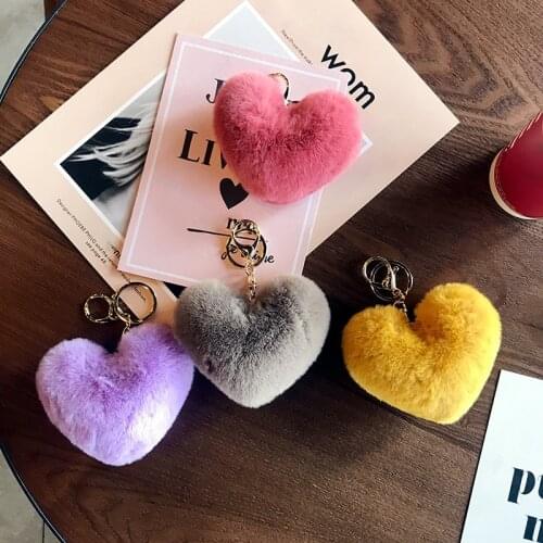 NEW Lovely Heart Shaped Keychian For Women Pom Poms Imitation Fur Ball Doll Bag Car Key Ring Keychain Crystal Jewelry Gift