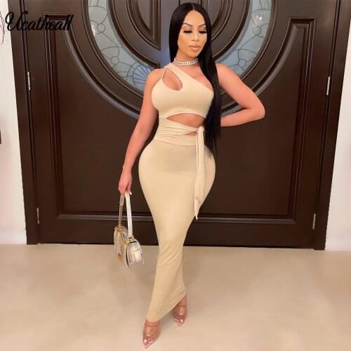 Bodycon Slash Neck Backless Two Piece Set For Women Solid Sleeveless Crop Top Skirt Sets Female Skinny Sexy Club Party Wear