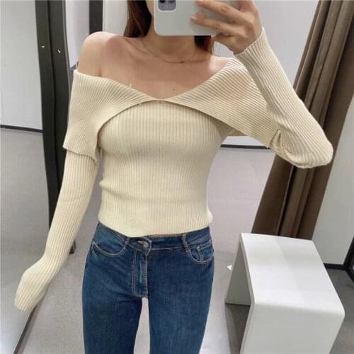 Spring Slim Women Strapless Sweater Tops Clothes Knitted Long Sleeve Pullovers Sexy Evening Wear Solid Turn Down Collar Sweaters