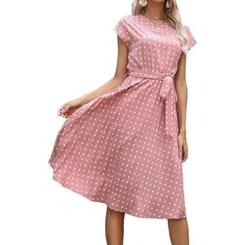 Polka Dot Print Round Neck Short Sleeve Dress Summer Women Clothing Fashion Elastic Waist Hedging Lace Up TT@88
