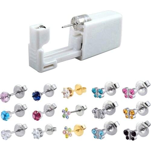 Crystal Disposable Sterile Ear Piercing Units Stud Earring Gun Tools Kit Body Piercing Jewelry Butterfly Flower Round Shapes