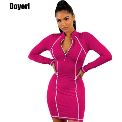 Winter Autumn Casual Dress Women Zipper Bodycon Dress Long Sleeve Streetwear Stretch Slim Sheath V Neck Short Party Club Dress