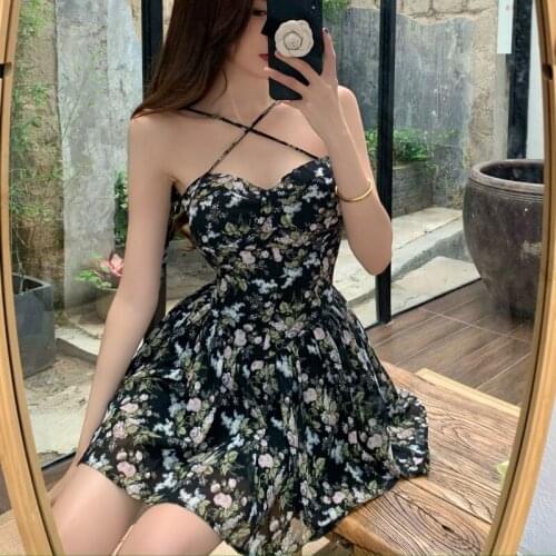 Vintage Floral Strap Dress Women Korean Sexy Mini Party Dress Classy Casual Sleevelees Beach Dress Summer Womens Dress 2021 Y2K