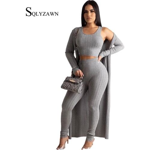 Women Three Pieces Sets Knit Crop Top + Long Coat + Leggings Casual Outfits Autum Clothes Home Suit Women Clothing Large Size