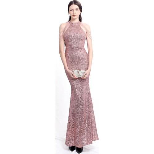 High Neck Sleeveless Crystal Tassel Mermaid Slim Evening Dress Pink Sequins Robe De Soriee XUCTHHC 2021 New Formal Dress