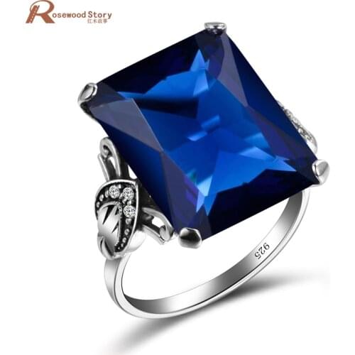 Vintage Genuine 925 Sterling Silver Fine Jewelry Lab Sapphire Stone Simple Pattern Big Rings for Women Fashion Bague Femme