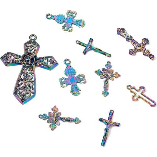 28Pcs Mixed Color Cross Hollow Alloy Big Pendants for Religion Gothic Style Necklace Earrings DIY Jewelry Making Findings