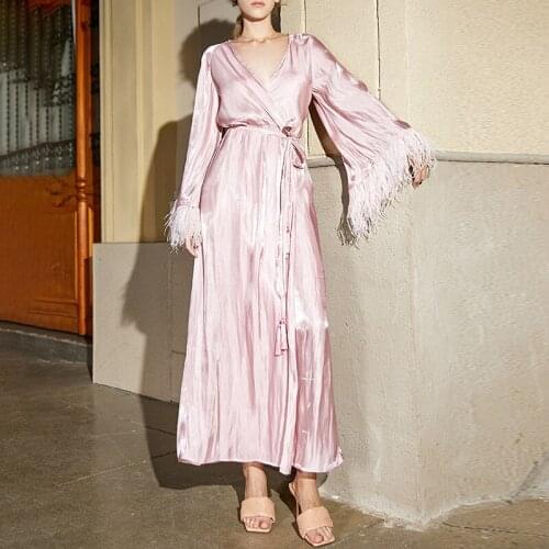 2021 Autumn Long Dresses Fashion Design Pink Flare Sleeve Feathers Belt High Quality Casual Holiday Dress
