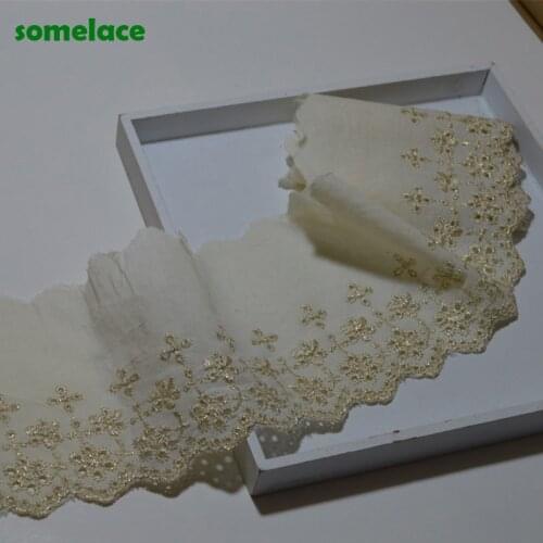 5Yds/Lot 11cm Wide Ivory Cotton DIY Lace Fabric Gold Thread Pattern, Embroidered Floral DIY Lace Fabric 2020031907