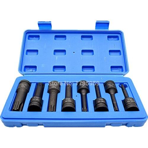 Torx Bit Star Socket 1/2" Square Drive 8pcs Set T30 T40 T45 T50 T55 T60 T70 T80 CR-MO Impact Socket Bit Tool 78mm Long with Case