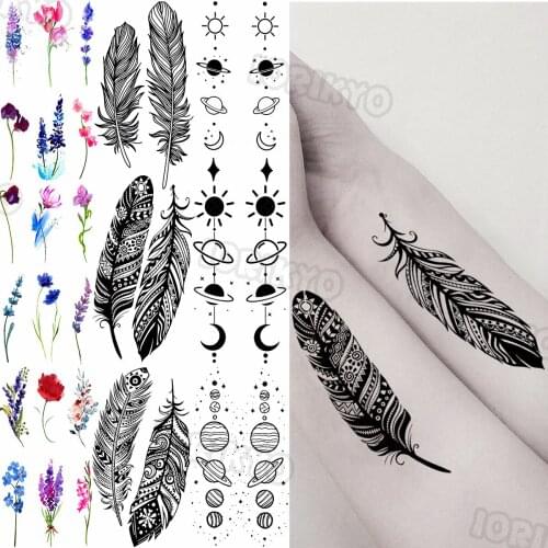 Henna Black Feather Snowflake Temporary Tattoos For Women Girls Watercolor Lavender Plum Fake Tattoo Sticker Arm Body Tatoos 3D