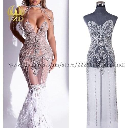 FZD 1 piece New arrival Elegant silver Handmade Bead Apparel Fashion crystal rhinestone V-neck Design Wedding Dress