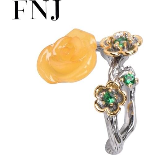 FNJ Amber Flower Ring 925 Silver Original S925 Sterling Silver Rings for Women Jewelry Adjustable size Romantic Zircon