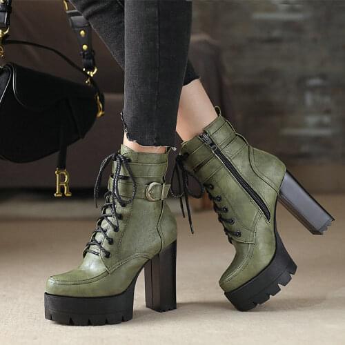 New 2021 Womens Motorcycle Boots Black British Style 11cm High Heel Short Booties Shoes Vintage Buckle Army Green Lace Up PW062