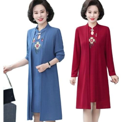Dress suits Middle-Aged Female 2021 Spring Autumn New 2pcs Temperament Mother Long-Sleeved Over-The-Knee Long Dresses Sets 21