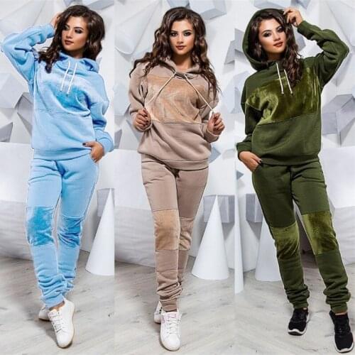 Warm Tracksuit Women Two Piece Set Autumn Winter Clothes Fleece Hooded Sweatshirt Pants Jogger Suit Outfits Leisure Womens Sets