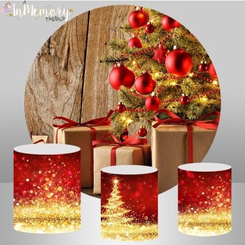 Round Backdrop Cover Christmas Party Decor Gift Box Christmas tree Circle Background Wood Wall Red Gold Glitter Plinth Covers
