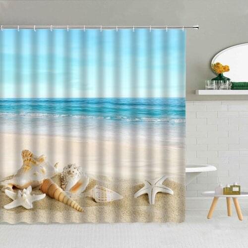 Starfish Shell Shower Curtain Ocean Wave Beach Enjoy Time Summer Sea View Wall Background Decoration Bathroom Decor Curtains Set