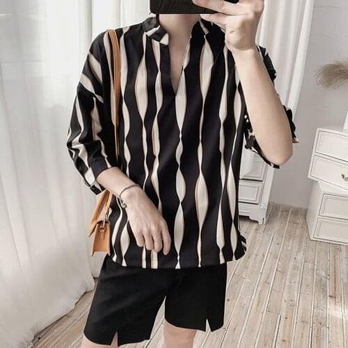 Summer Pullover Shirt Mens Fashion Contrast Color Casual Striped Dress Shirt Men Streetwear Wild Loose Short Sleeve Shirt Mens