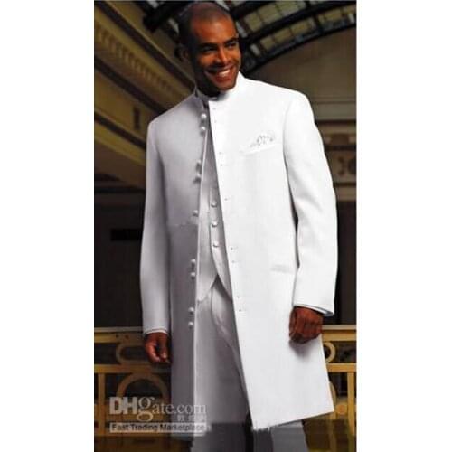 Custom Made White Long Coat Groom Tuxedos Groomaman Blazer Mens Wedding Dress Prom Clothing Business Suits (Jacket+pants+vest)