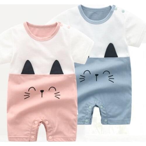 Newborn Infant Baby Romper Summer Skort-Sleeve Cotton Cat Pattern Splicing Style Unisex Jumpsuit Toddler Girls Boys Clothes