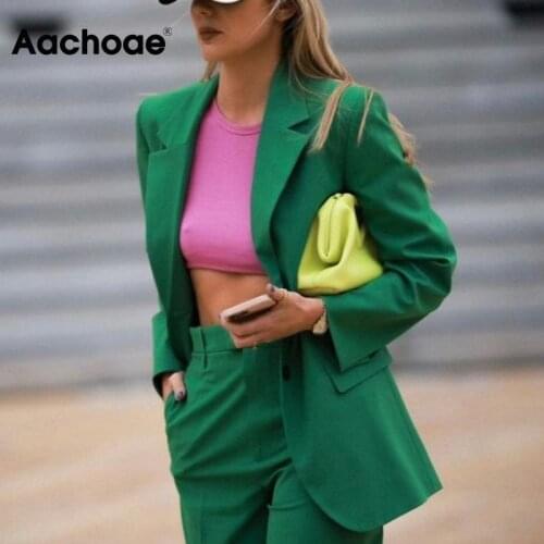Aachoae Autumn Women Elegant Green Color Blazer Suit Set Vintage Notched Collar Single Breasted Blazers High Waist Pleated Pants