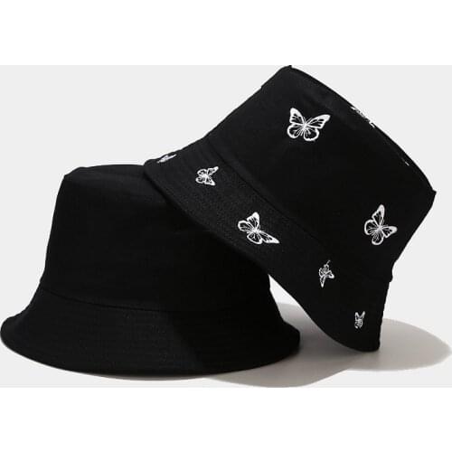 Butterfly Embroidery Bucket Hats For Women Summer Double-Sided Wear Foldable Sun Hat Unisex Panama Bob Chapeau Femme Fishing Cap