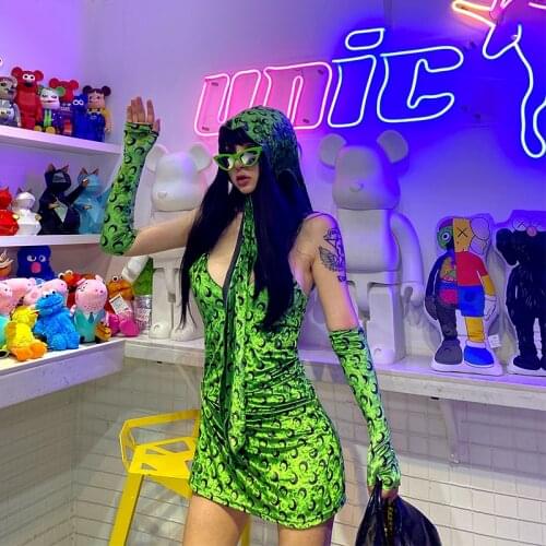 New Summer Harajuku Moon Print Green Dress Hot Girl Fashion Sexy Temperament V-Neck Sling Suit Dress
