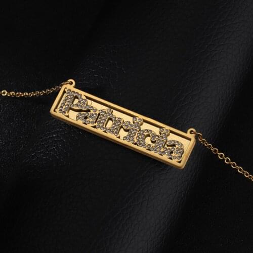Stainless Steel Custom Diamond Name Rectangular Necklace Personalized Name Date Lucky Numbers Pendant For Women Men Jewelry Gift
