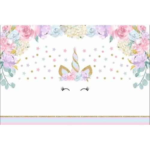 Pink Flowers Branch Gold Unicorn Face Stars Polka Dots striped backdrop Vinyl cloth Computer printed wall Backgrounds
