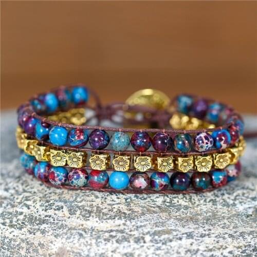 Handmade Blue Red Imperial Jasper And Antique Gold Flower Beads Wrap Bracelet Bohemian Cuff Bracelet Gipsy Jewelry Dropshipping