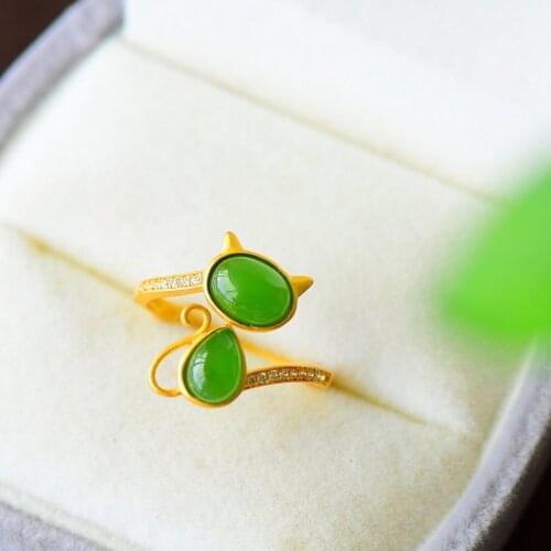 S925 Sterling Silver Inlaid Natural Hetian Jade Russian Jasper Ring Cartoon Kitten Ring Open Ancient Style Silver Ring
